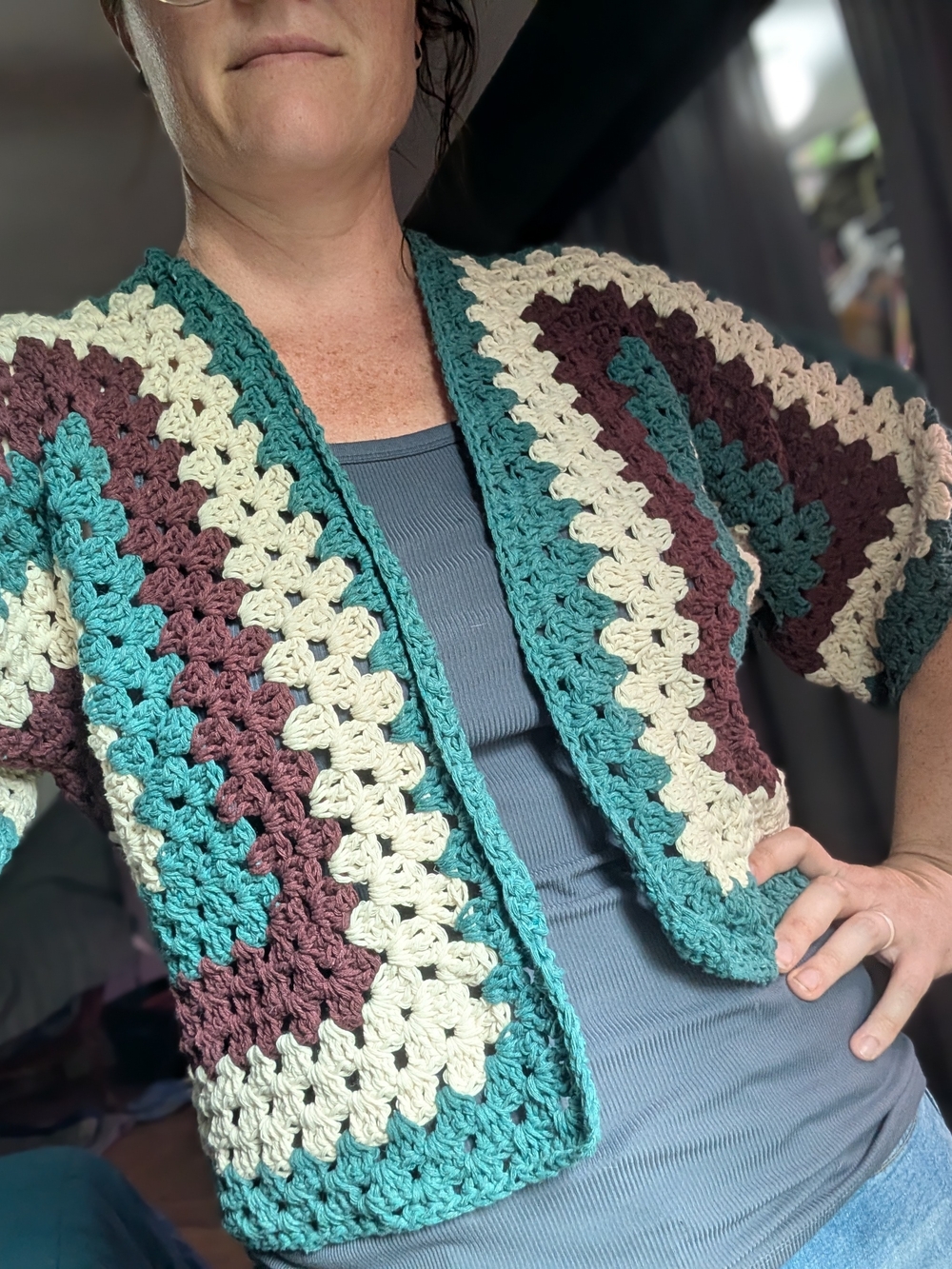 Crocheted Open-Front Women’s Vest Sweater Cardigan in Teal, Purple & Cream